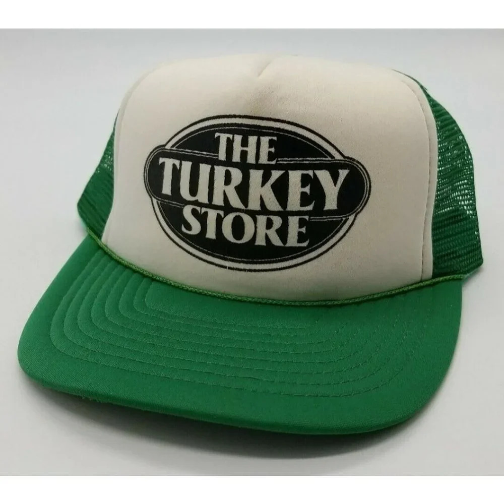 The Turkey Store Vintage Trucker Snap Back OSFA Baseball Hat Green & White Mesh